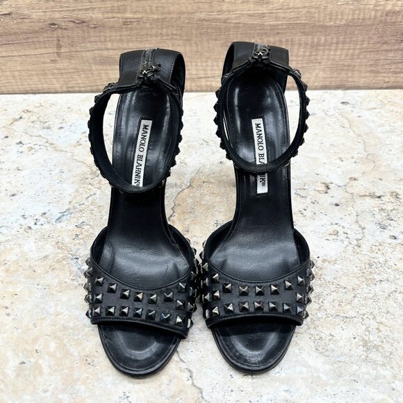 Manolo Blahnik Black Studded Leather Heels Sandals Womens Ankle Strap Size 39 - Picture 2 of 12